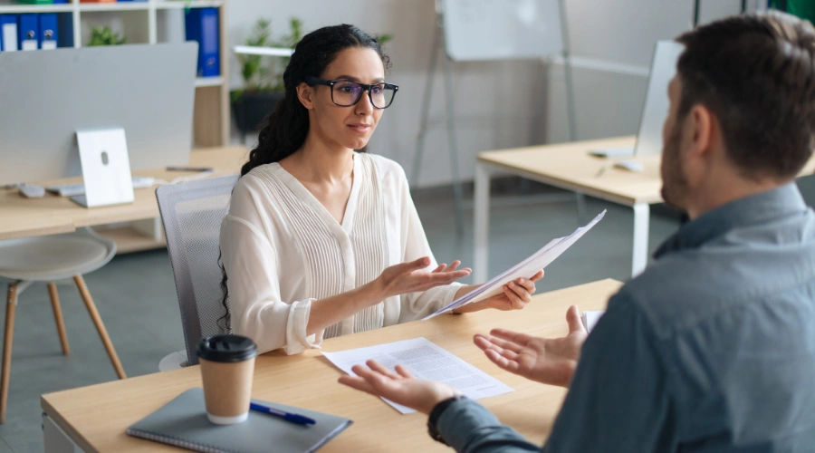 Employee talking with an EAP counselor about addiction support options